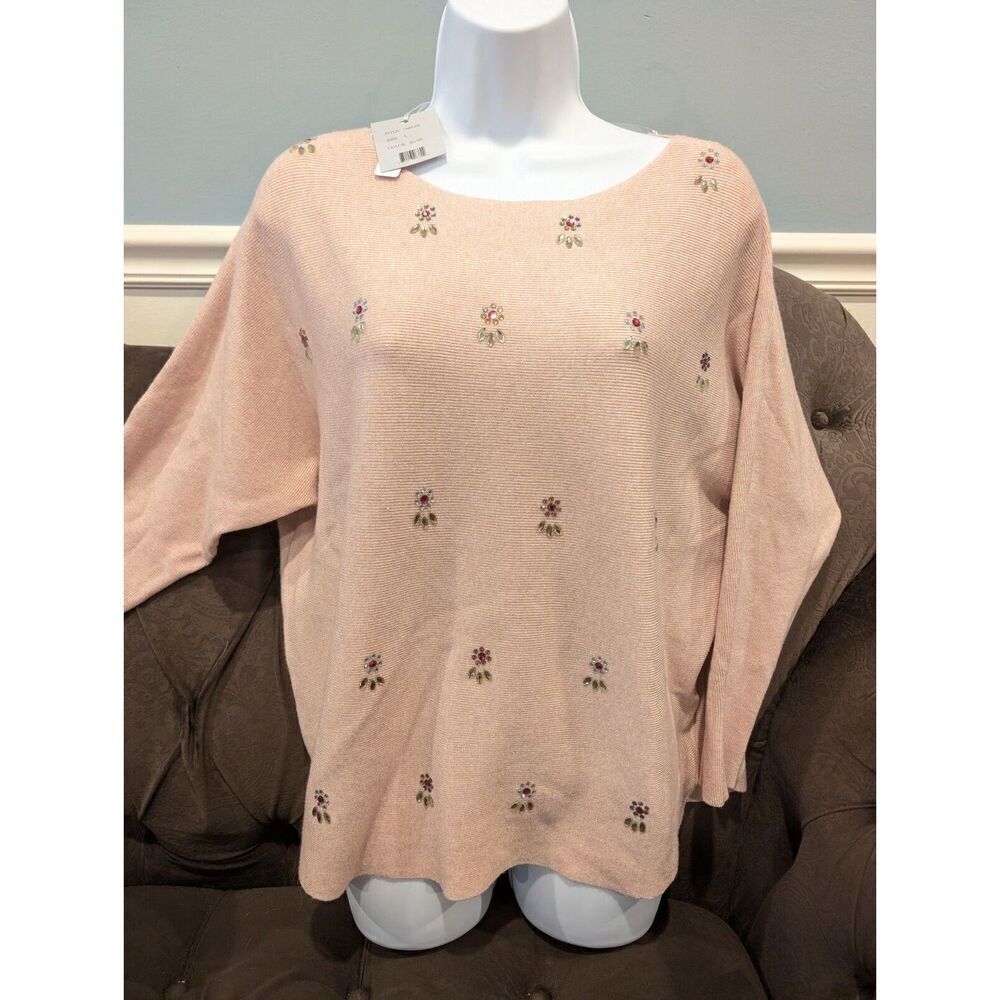 LIV MILANO Blush Pink Rhinestone Crystal Flowers Embellished Sweater Size L BNWT